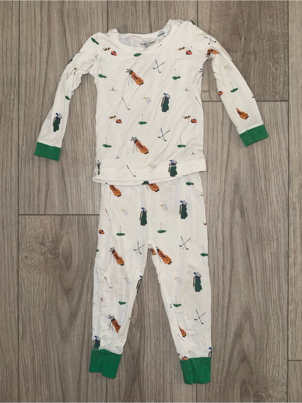 ANGEL DEAR Kids Long Sleeve Golf Print Pajama Set - White with Green Trim